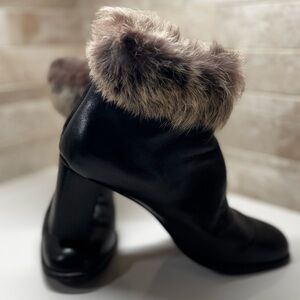 Italian Leather Sole Black Leather Ankle Boots with Fur Trim and Fur Lining